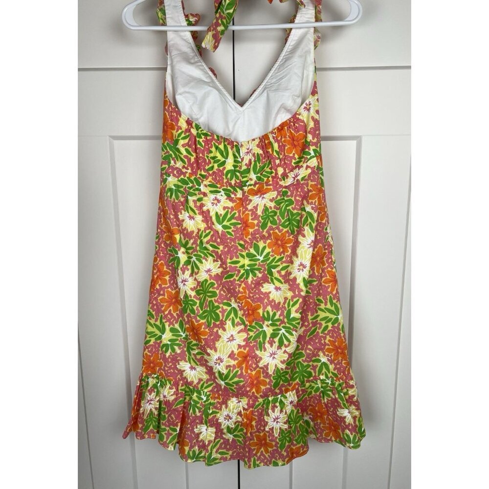 Lilly Pulitzer Ruffle Halter Dress Floral Pink Green Orange Cotton Lined Size 0 - Picture 5 of 11
